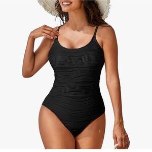 Black Womens One Piece Swimsuits High Waisted Tummy Control Textured Swimwear M